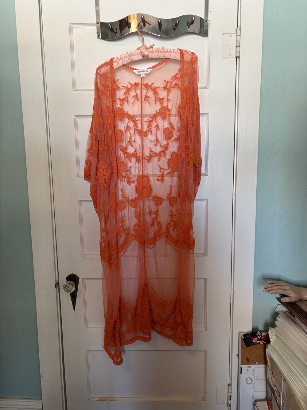 Davi & Dani Sheer Orange Embroidered Lace Kimono Size S/M